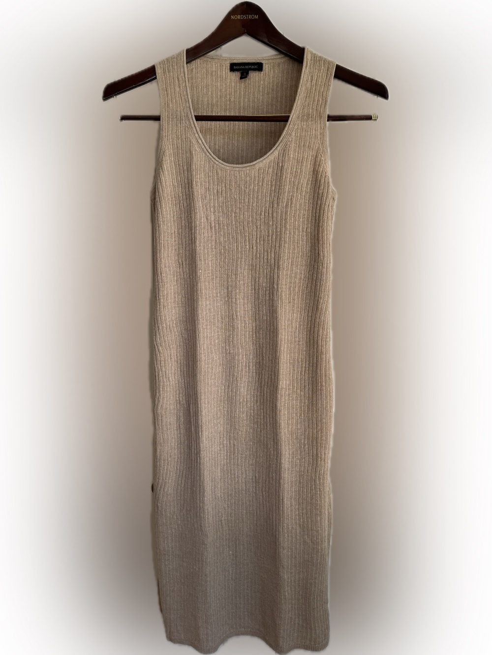 BANANA REPUBLIC LINEN BLEND DRESS RIBBED MIDI SLEEVELESS COOL BEIGE S 864508
